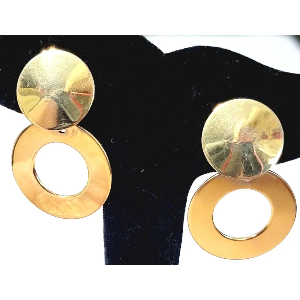 Double Circle‎ Dangle Pierced Earrings, 1.5” Shiny Gold-tone Retro Jewelry gp-4